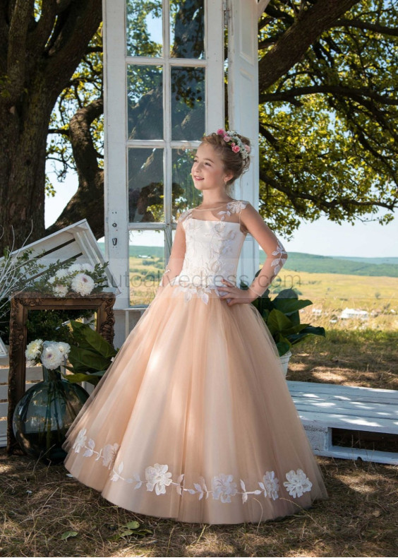 Long Sleeves Ivory Lace Cappuccino Tulle Wedding Flower Girl Dress